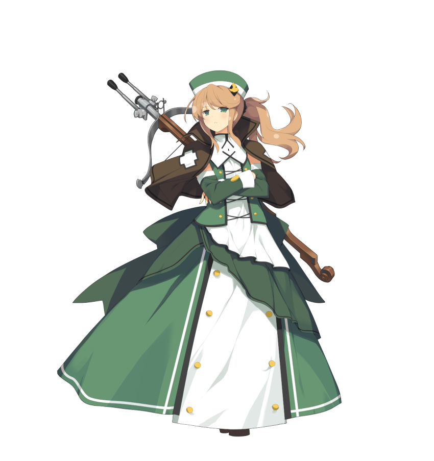 1girl bow_(weapon) brown_hair capelet crossbow crossed_arms detached_sleeves dress evenicle full_body green_dress green_eyes hat highres kathryn_lapucelle long_dress long_hair looking_at_viewer official_art ponytail solo tachi-e transparent_background tsundere weapon