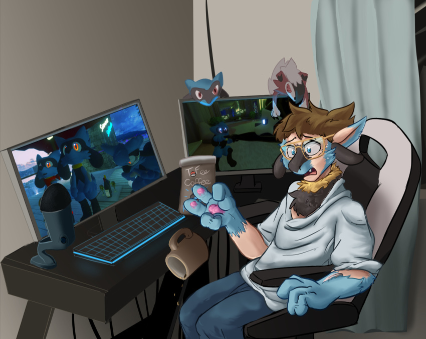 anthro baby_pok&eacute;mon beverage black_body black_fur blue_body blue_ears blue_eyes blue_fur bodily_fluids brown_hair chair chest_tuft coffee coffee_mug cup curtains drinking eyewear eyewear_on_head fur fur_growth furniture glasses glasses_on_head hair human_to_anthro inside keyboard lycanroc male microphone mid_transformation midnight_lycanroc monitor muzzle_growth nintendo open_mouth pawpads pink_pawpads pok&eacute;mon pok&eacute;mon_(species) reclining riolu shocked shrinking size_shift snout solo species_transformation surprise surprised_expression sweat sweatdrop table teeth tongue toshabi transformation tuft video_games yellow_body yellow_fur