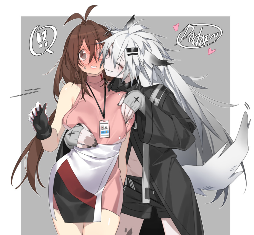 2019 accessory animal_humanoid arknights blush bottomwear breast_grab breasts canid canid_humanoid clothing cute_fangs deathalice duo eyes_closed female female/female female_doctor_(arknights) fingerless_gloves gloves hair hair_accessory hairclip hand_on_breast handwear human humanoid jacket lappland_(arknights) long_hair mammal mammal_humanoid red_glasses shorts smile topwear white_hair