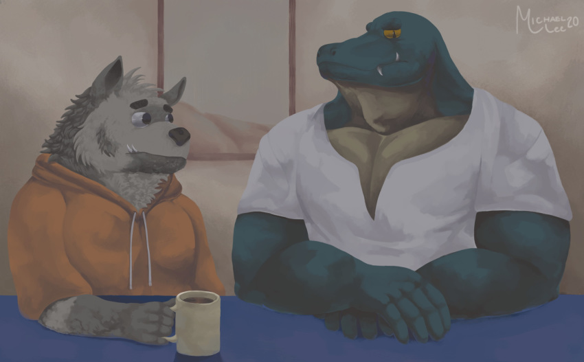 2020 5_fingers anthro beverage clothing coffee coffee_mug crocodile crocodilian crocodylid dave_(password) duo fingers fur furniture gayredalligator green_body grey_body grey_fur hi_res holding_coffee_mug holding_object hoodie humanoid_hands hyaenid inside looking_at_another looking_at_viewer male mammal muscular muscular_male orange_hoodie painting password_(grizz) reptile sal_(password) scalie shirt signature sitting striped_hyena table teeth topwear white_clothing white_shirt white_topwear yellow_eyes