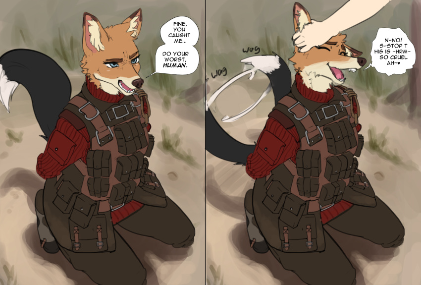 &lt;3 anthro blue_eyes bound canid canine clothed clothing combat_gear comic dialogue dipstick_tail english_text female fox hi_res human humor inner_ear_fluff interrogation jokoifu kneeling mammal multicolored_tail offscreen_character petting smile soldier solo_focus tailwag text tuft warrior