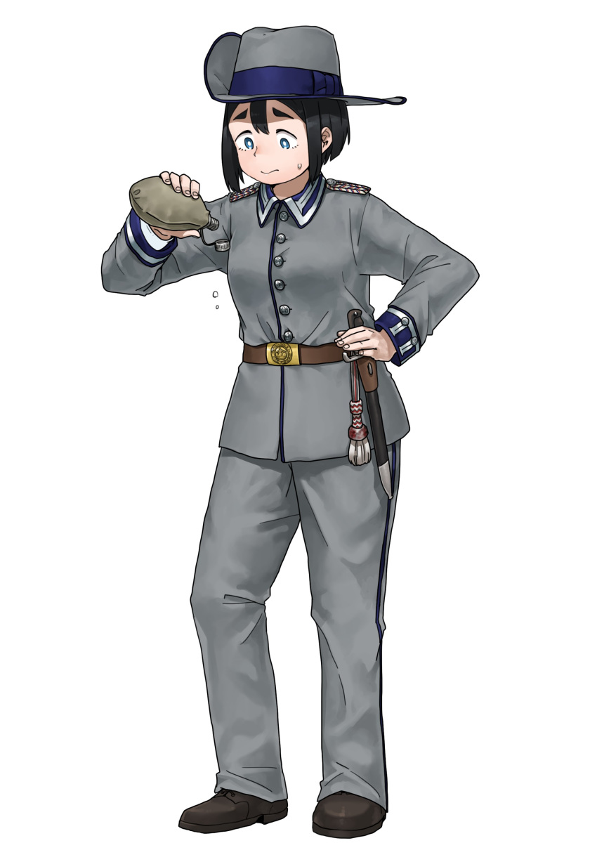 1girl absurdres anyan_(jooho) belt black_footwear black_hair blue_eyes buttons canteen closed_mouth full_body grey_headwear grey_jacket grey_pants hat highres holding jacket knife military military_uniform original pants sheath sheathed shoes short_hair simple_background solo standing straight_hair sweat uniform white_background world_war_i