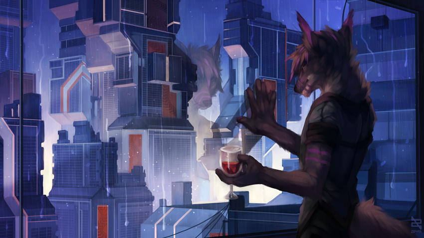 16:9 2020 5_fingers anthro city clothed clothing detailed_background digital_media_(artwork) fingers male night outside raining solo widescreen window zephra