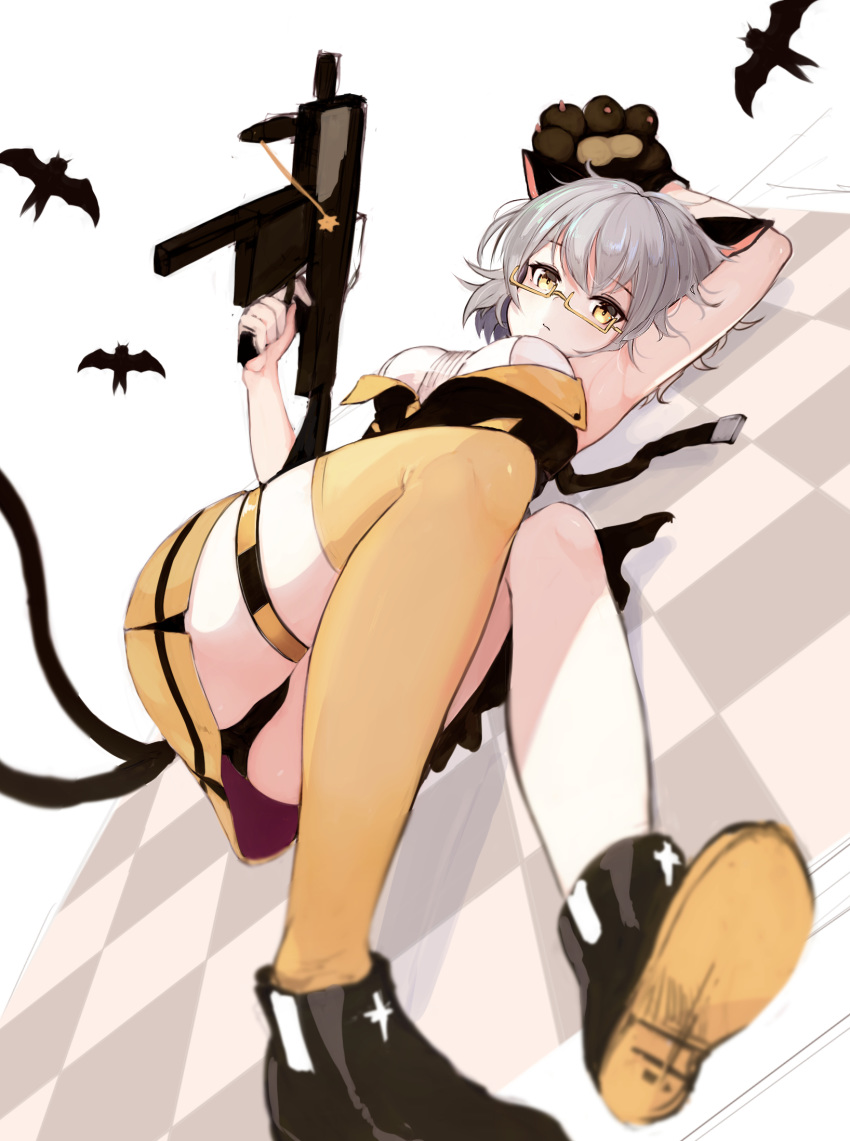 1girl animal_ears armpits black_panties breasts cat_ears eyebrows_visible_through_hair girls_frontline glasses gun hand_on_weapon highres holding holding_weapon homo_1121 looking_at_viewer lying medium_breasts medium_hair on_back on_floor panties pantyshot shoes silver_hair single_thighhigh solo thighhighs underwear vector_(girls_frontline) weapon yellow_eyes yellow_legwear