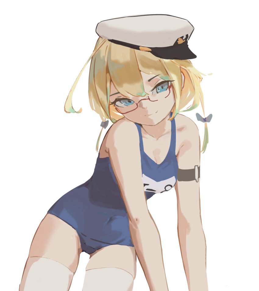 1girl absurdres acccty blonde_hair glasses green_eyes hat highres i-8_(kantai_collection) kantai_collection long_hair looking_at_viewer low_twintails name_tag peaked_cap red-framed_eyewear school_swimsuit simple_background sitting solo swimsuit thighhighs twintails white_background white_headwear white_legwear yokozuwari