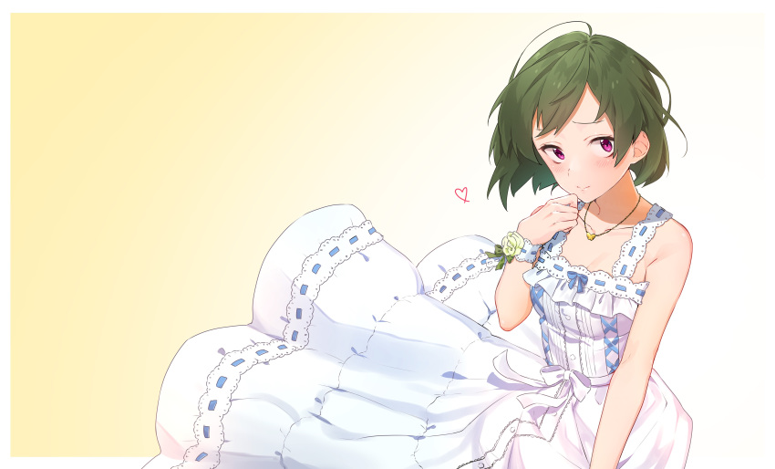 1girl absurdres ahoge bangs bare_arms bare_shoulders blue_ribbon blush border breasts buttons cleavage closed_mouth collarbone cowboy_shot cross-laced_clothes dress dress_lift flower from_above gradient gradient_background green_hair green_ribbon hand_on_own_chin hand_up heart highres idolmaster idolmaster_million_live! idolmaster_million_live!_theater_days jewelry long_dress looking_at_viewer looking_to_the_side medium_breasts nagayoshi_subaru necklace outside_border pendant purple_eyes ribbon ribbon-trimmed_dress ribbon_trim rose short_hair sleeveless sleeveless_dress solo standing sundress swept_bangs tutimaru0730 white_background white_border white_dress white_flower white_rose wind wind_lift wrist_cuffs wrist_ribbon yellow_background
