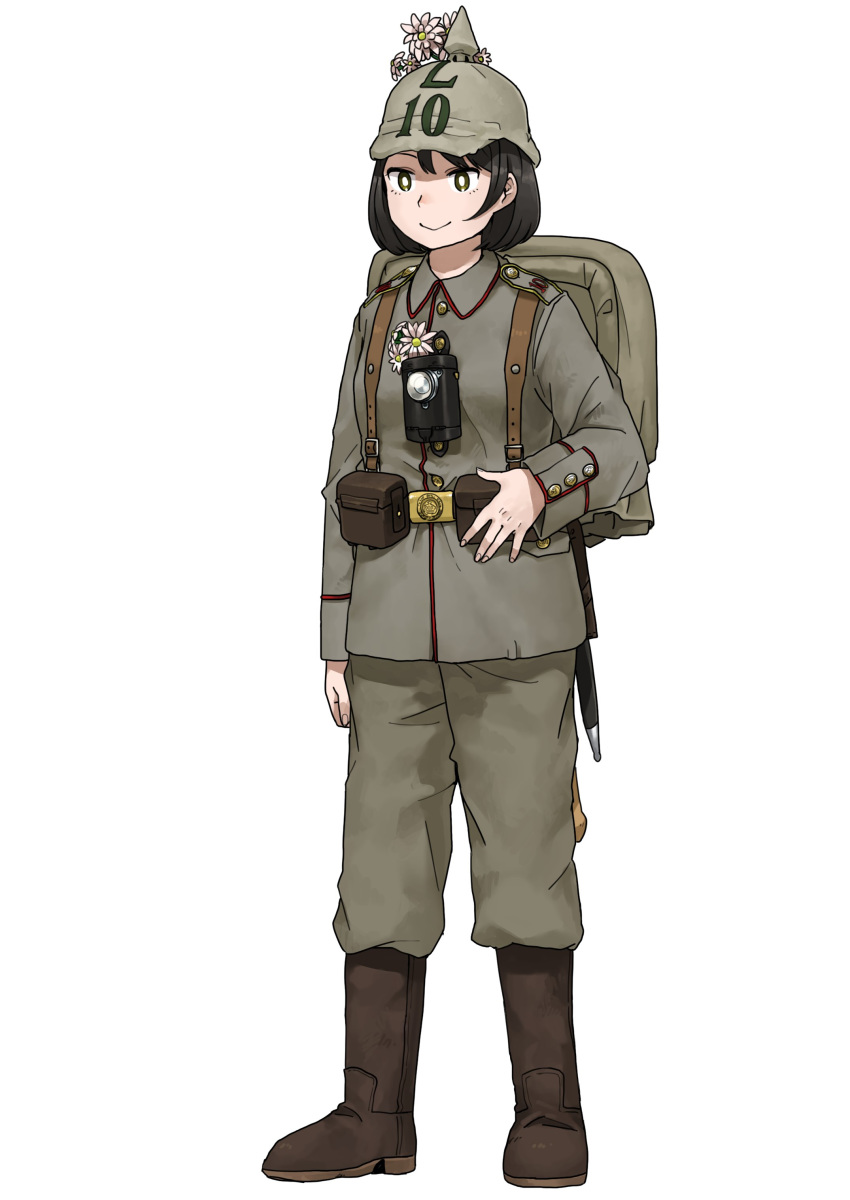 1girl absurdres anyan_(jooho) backpack bag belt belt_pouch black_hair boots brown_eyes brown_footwear buttons closed_mouth flower full_body grey_headwear grey_jacket grey_pants hat hat_flower helmet highres jacket knife long_sleeves military military_uniform original pants pouch sheath sheathed short_hair simple_background smile solo standing uniform white_background world_war_i