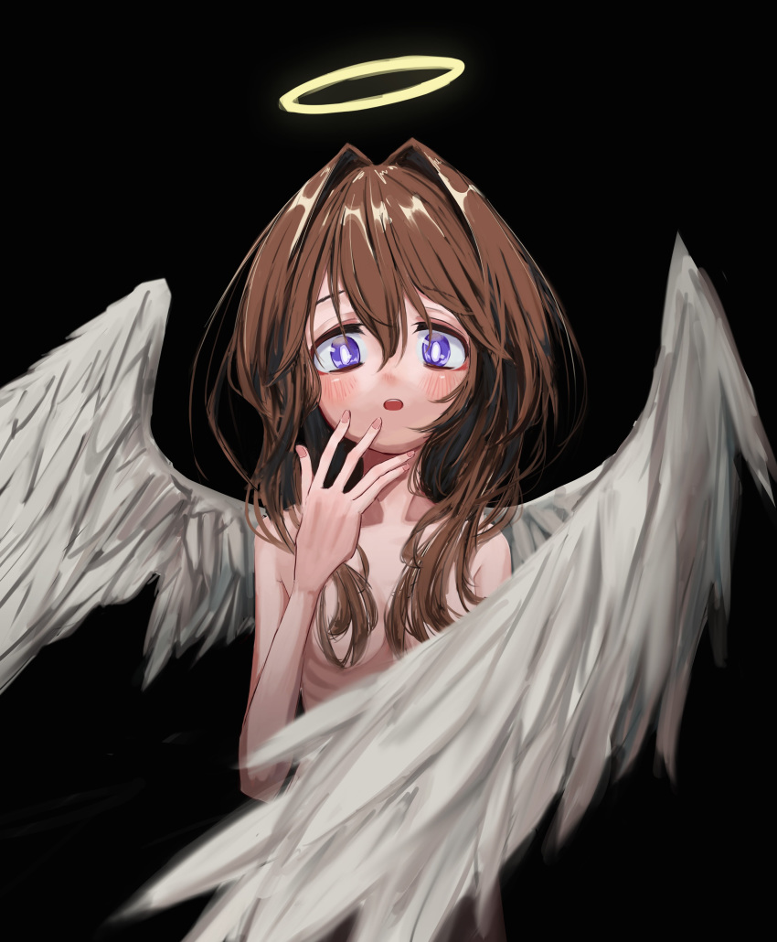 1girl absurdres angel_(nadegata) angel_wings black_background blush bright_pupils brown_hair covering_mouth feathered_wings hair_intakes halo hand_over_own_mouth hand_up highres long_hair looking_at_viewer nadegata nue original parted_lips ribs simple_background skinny solo white_pupils white_wings wings