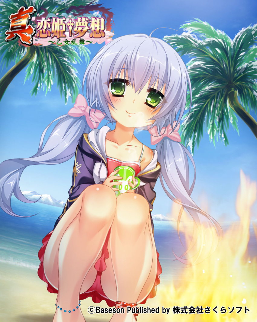 (#)w(#) 1girl anklet ass beach bikini bikini_skirt blue_hair blue_jacket blush can cloud fire green_eyes highres houtou jacket jewelry koihime_musou legs long_hair low_twintails ocean off_shoulder official_art outdoors palm_tree red_bikini red_skirt ribbon skirt sky soda_can solo squatting swimsuit thighs tree twintails