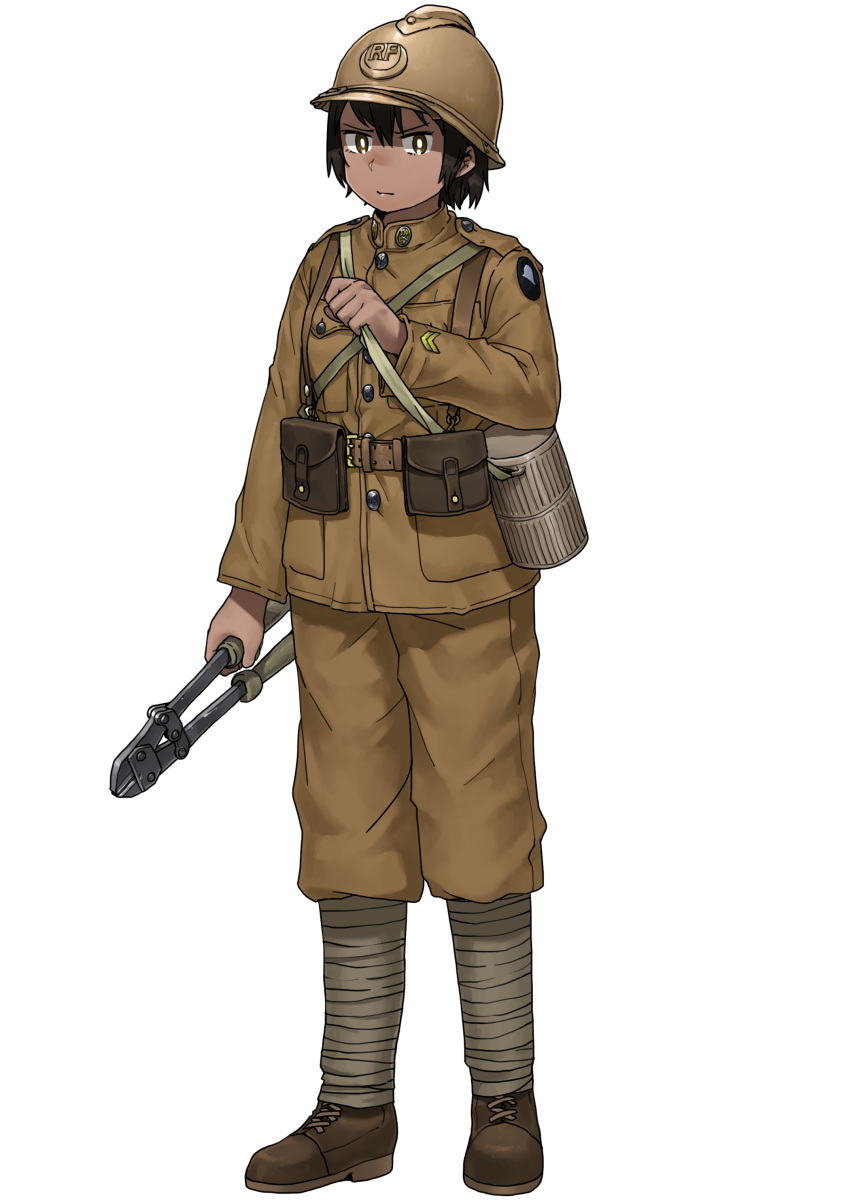 1girl absurdres anyan_(jooho) belt belt_pouch black_hair bolt_cutters brown_footwear brown_headwear brown_jacket brown_pants buttons closed_mouth dark_skin frown full_body helmet highres holding jacket leg_wrap long_sleeves military military_rank_insignia military_uniform original pants pouch shoes short_hair simple_background solo standing uniform white_background world_war_i