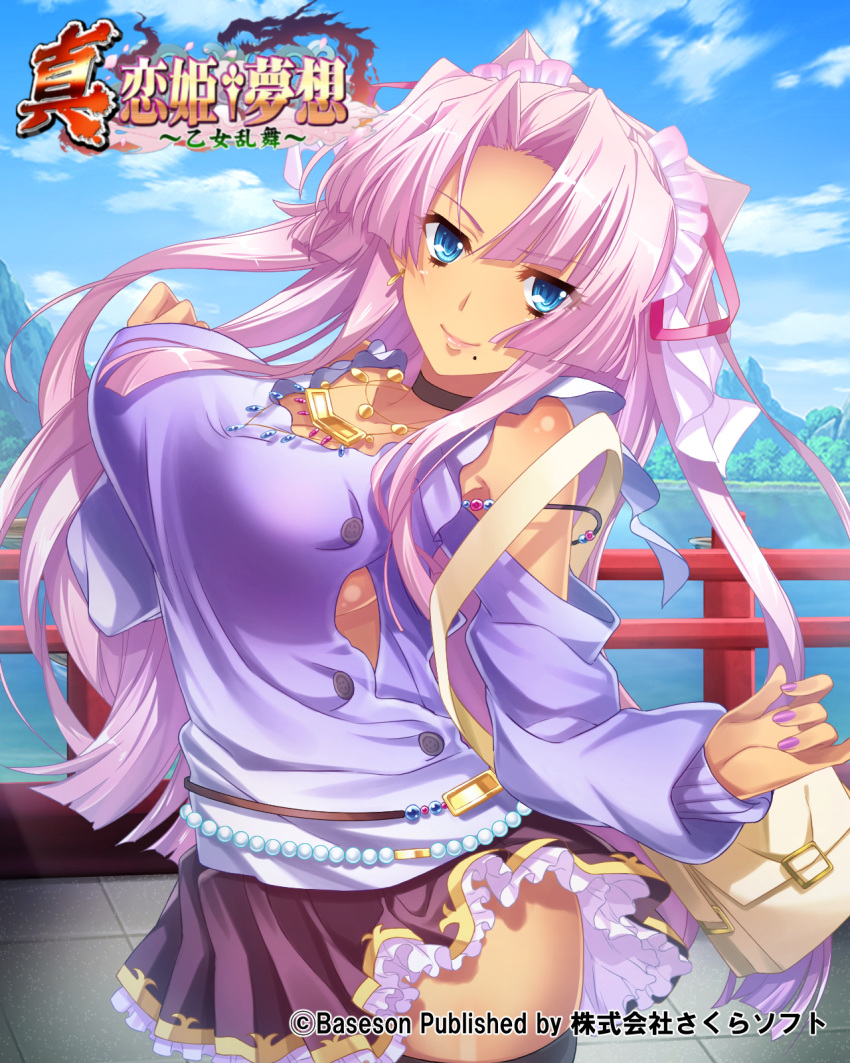 (#)w(#) 1girl bag black_legwear black_skirt blue_eyes breasts choker cloud forehead hair_intakes highres jewelry koihime_musou large_breasts long_hair miniskirt mole mole_under_mouth necklace official_art outdoors pink_hair ponytail purple_shirt shirt skirt sky smile solo sonsaku thighhighs thighs very_long_hair wind wind_lift