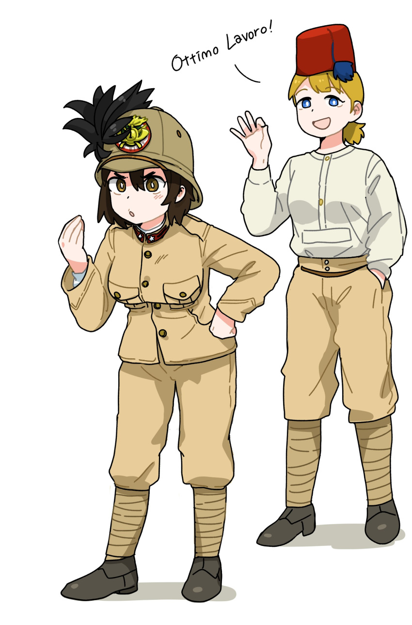 2girls :d :o absurdres anyan_(jooho) black_footwear blonde_hair blue_eyes breasts brown_eyes brown_hair brown_headwear brown_jacket brown_pants buttons fez_hat full_body hand_in_pocket hand_on_hip hat helmet highres italian_text jacket leaning_forward leg_wrap long_sleeves looking_at_viewer medium_breasts medium_hair military military_uniform multiple_girls ok_sign open_mouth original pants pith_helmet ponytail red_headwear shirt short_hair simple_background smile standing translated uniform white_background white_shirt world_war_i