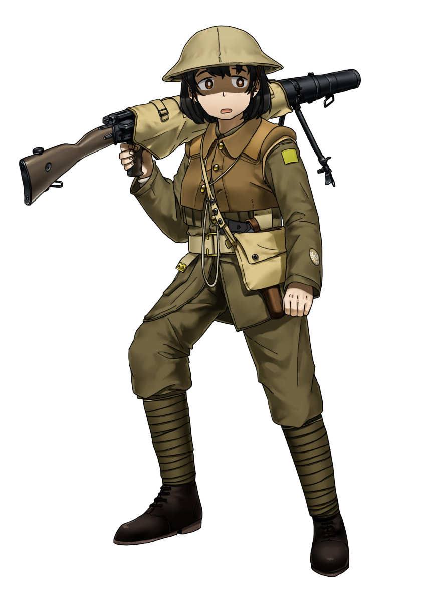 1girl absurdres anyan_(jooho) bag belt bipod black_footwear black_hair brown_eyes brown_headwear brown_jacket brown_pants buttons full_body gun handgun helmet highres holding holding_weapon holster holstered_weapon jacket leg_wrap lewis_gun long_sleeves machine_gun military military_uniform open_mouth original pants pistol satchel shoes simple_background solo standing uniform weapon white_background world_war_i