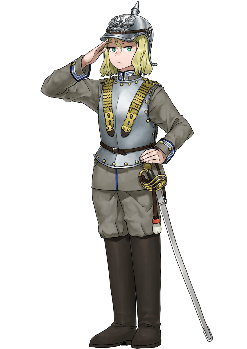 1girl absurdres anyan_(jooho) armor belt black_footwear blonde_hair boots closed_mouth full_body green_eyes grey_headwear grey_jacket grey_pants hand_on_hip helmet highres jacket long_sleeves looking_at_viewer military military_uniform original pants plate_armor salute sheath sheathed simple_background solo standing sword thigh_boots thighhighs uniform weapon white_background world_war_i