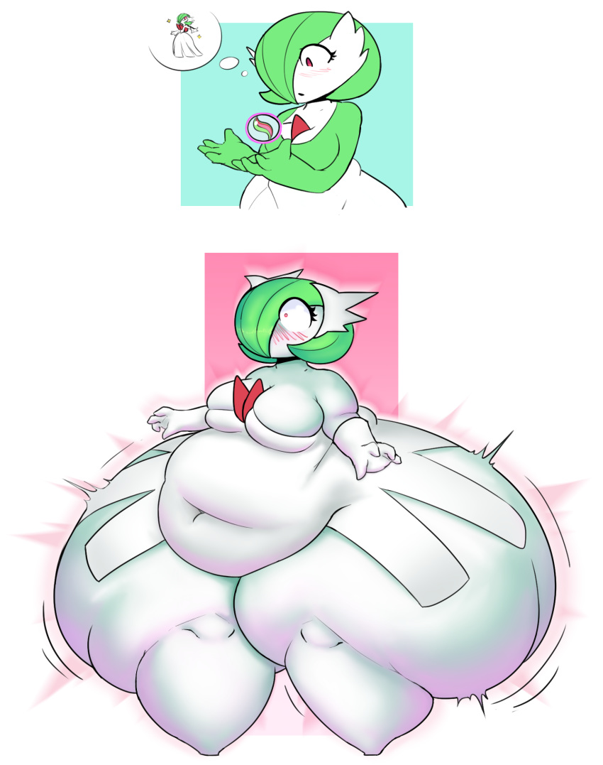 belly belly_expansion big_belly big_butt blush breast_expansion breasts butt expansion eyelashes female gardevoir hi_res hip_expansion huge_butt humanoid hyper hyper_butt hyper_hips mega_evolution mega_gardevoir mega_stone morbidly_obese mysterydad navel nintendo not_furry obese obese_female obese_humanoid overweight overweight_female overweight_humanoid pok&eacute;mon pok&eacute;mon_(species) red_eyes simple_background solo surprise thick_thighs thigh_expansion video_games white_body wide_hips