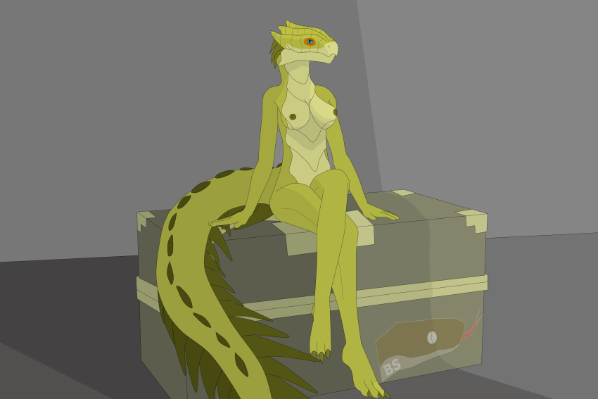 3:2 3_toes absurd_res anthro box breasts crocodile_skink female hi_res jatava_backtoo lizard nude red-eyed_crocodile_skink reptile scalie simple_background sitting skink smile solo thegamingzilla toes