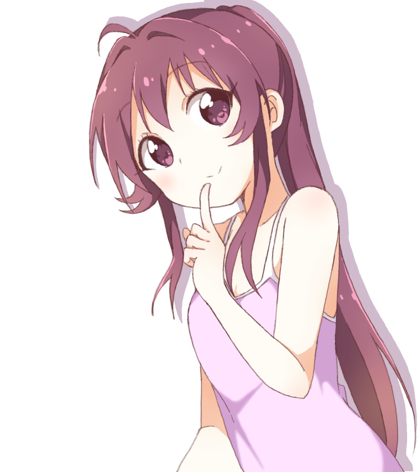 1girl bangs bare_shoulders breasts camisole closed_mouth commentary eyebrows_visible_through_hair finger_to_mouth highres index_finger_raised long_hair looking_at_viewer mesushio ponytail purple_eyes purple_hair purple_shirt shadow shirt simple_background sleeveless sleeveless_shirt small_breasts smile solo spaghetti_strap standing sugiura_ayano upper_body very_long_hair white_background yuru_yuri