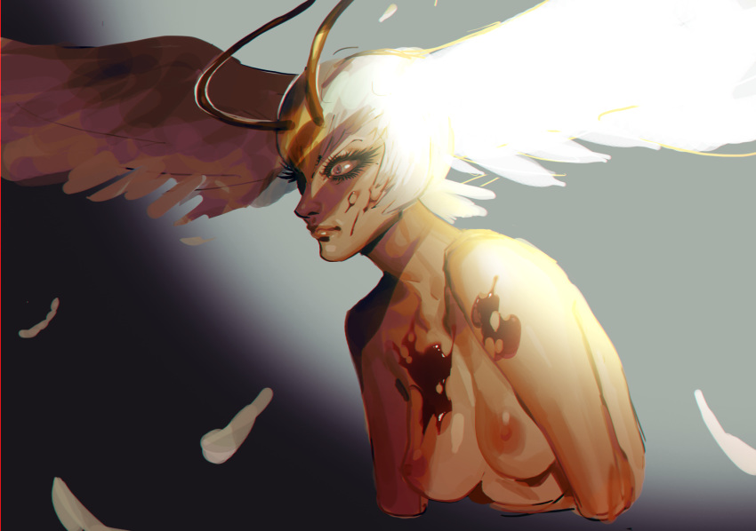 1girl antenna_hair blood blood_on_arm blood_on_breasts blood_on_face breasts closed_eyes devilman feathered_wings feathers head_wings highres multicolored multicolored_hair nipples nshi nude orange_hair purple_eyes siren_(devilman) sketch solo upper_body white_hair wings