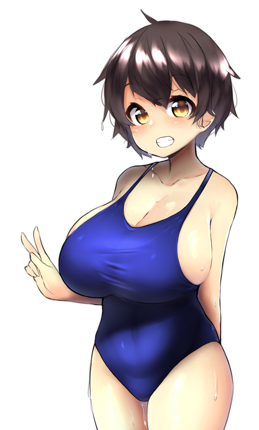 1girl ahoge blue_swimsuit breasts brown_hair cleavage clenched_teeth collarbone cowboy_shot eyebrows_visible_through_hair highres huge_breasts looking_at_viewer one-piece_swimsuit original simple_background smile solo swimsuit teeth v watari1118 wet white_background yellow_eyes