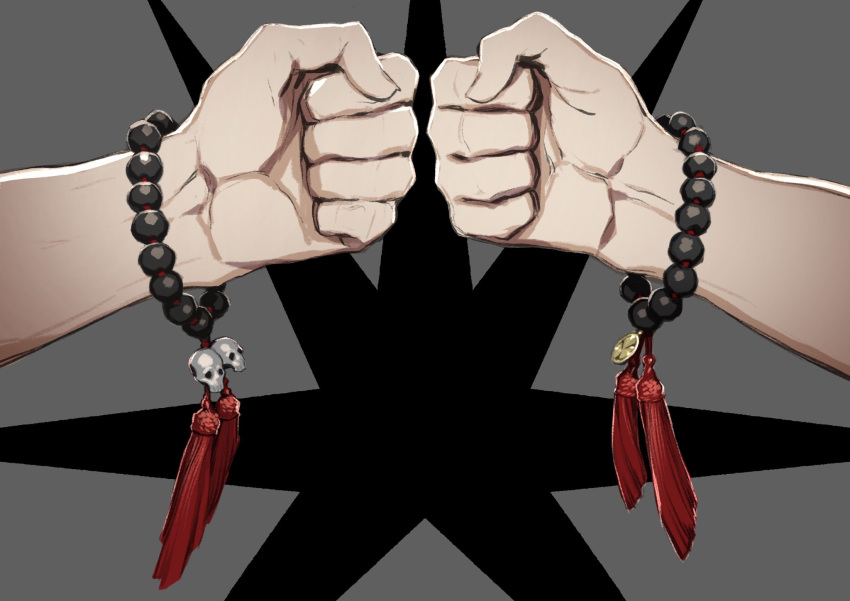 2boys bead_bracelet beads bracelet charm_(object) clenched_hand fingernails fist_bump highres jewelry miwa_shirou multiple_boys original simple_background skull veins