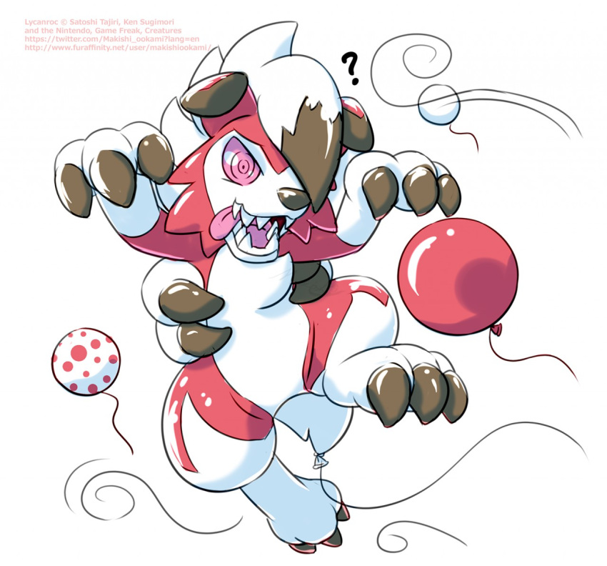 ambiguous_gender anthro balloon balloon_fetish canid canine cheek_tuft chest_tuft claws confusion facial_tuft fingers fur hair lycanroc makishi_ookami mammal midnight_lycanroc nintendo pok&eacute;mon pok&eacute;mon_(species) red_body red_fur sharp_teeth small_tail smile teeth tuft video_games white_body white_fur white_hair