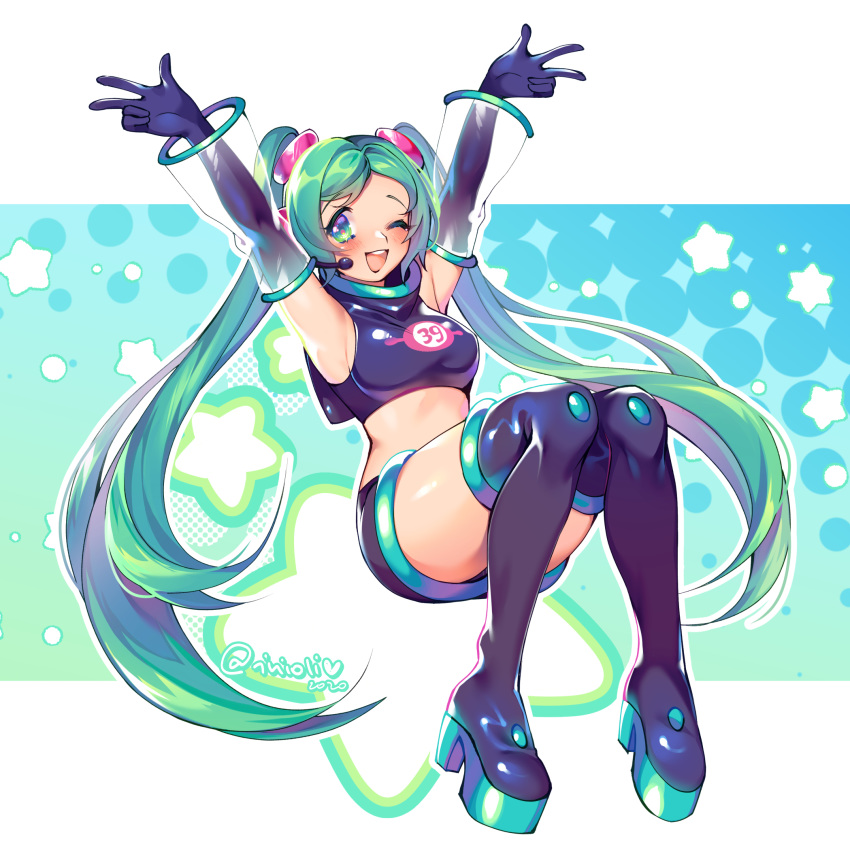 1girl 39 2020 armpits arms_up black_gloves boots breasts detached_sleeves elbow_gloves full_body gloves green_eyes green_hair hatsune_miku headset highres inioli long_hair medium_breasts midriff one_eye_closed open_mouth platform_boots platform_footwear see-through solo space_channel_5 thigh_boots thighhighs twintails twitter_username very_long_hair vocaloid