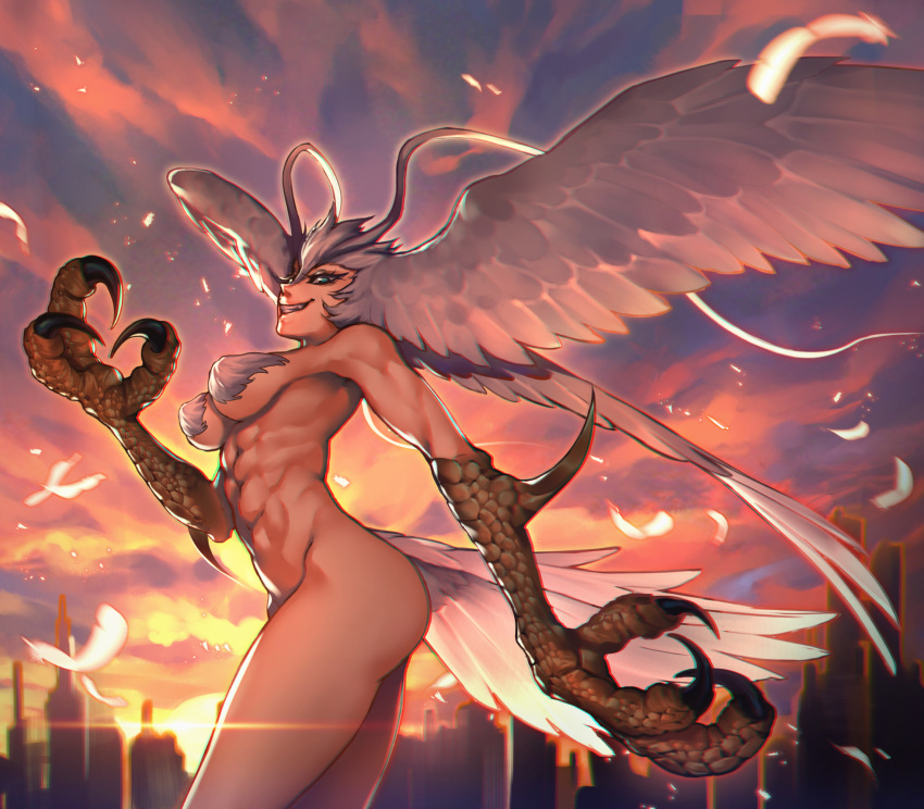 1girl abs angel_wings antennae ass breasts city cityscape claws cloud cloudy_sky covered_nipples demon_girl devilman feather_hair feathered_wings feathers grey_hair harpy head_wings highres lens_flare monster_girl muscle muscular_female nude outdoors siren_(devilman) sky smile solo tail_feathers talons tarantulaines wings