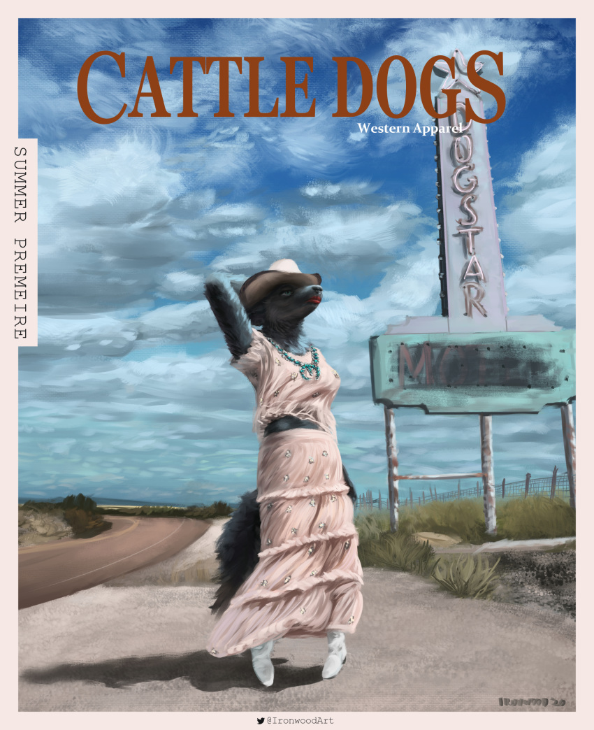 absurd_res anthro boots canid canine canis clothed clothing cowboy cowboy_hat detailed_background digital_media_(artwork) domestic_dog fashion female footwear hat headgear headwear hi_res ironwood jewelry landscape lips magazine mammal outside sky western