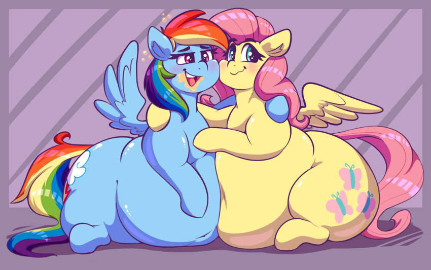 belly big_belly big_butt blue_body blush butt cutie_mark drunk duo equid equine female feral fluttershy_(mlp) friendship_is_magic graphene hasbro hi_res hug looking_at_viewer mammal my_little_pony navel obese obese_female obese_feral overweight overweight_female overweight_feral pegasus rainbow_dash_(mlp) sitting smile substance_intoxication thick_thighs wings yellow_body