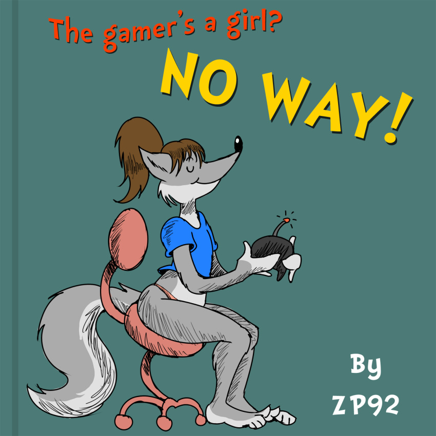 1:1 anthro barefoot canid canine canis chair chloe_shiwulf clothed clothing controller female furniture game_controller hi_res mammal solo style_parody text wolf zp92