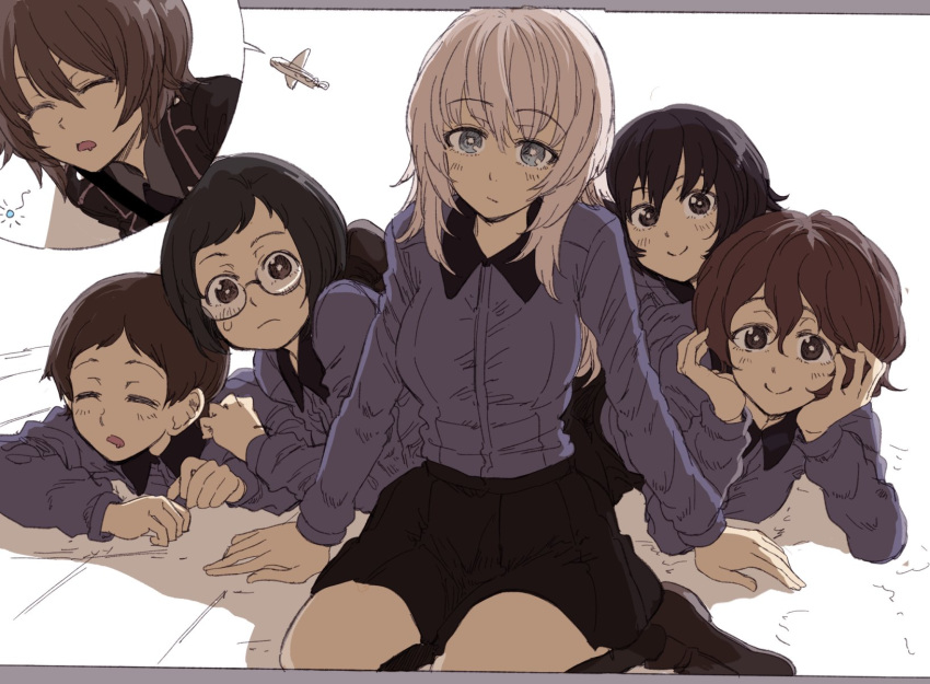 6+girls aircraft airplane akaboshi_koume bangs black_eyes black_footwear black_hair black_jacket black_legwear black_skirt blue_eyes bonkara_(sokuseki_maou) brown_eyes brown_hair chin_rest closed_eyes closed_mouth dress_shirt eyebrows_visible_through_hair frown girls_und_panzer glasses grey_shirt highres itsumi_erika jacket kojima_emi kuromorimine_school_uniform loafers long_sleeves looking_at_viewer lying mauko_(girls_und_panzer) medium_hair military military_uniform miniskirt multiple_girls niedersachsen_military_uniform nishizumi_maho on_stomach pleated_skirt round_eyewear saliva sangou_(girls_und_panzer) school_uniform shirt shoes short_hair silver_hair sitting skirt sleeping sleepy smile socks sweatdrop swept_bangs uniform very_short_hair wavy_hair wing_collar yokozuwari