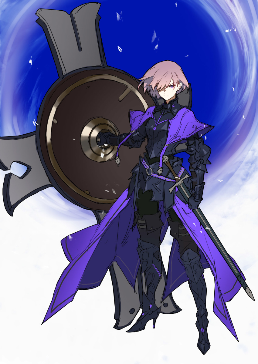 1girl armor black_armor cape closed_mouth commentary_request eyebrows_visible_through_hair fate/grand_order fate_(series) full_body hair_over_one_eye highres holding holding_shield holding_weapon knight korean_commentary looking_at_viewer mash_kyrielight pink_hair purple_cape purple_eyes sheath sheathed shield short_hair solo sword weapon yarr