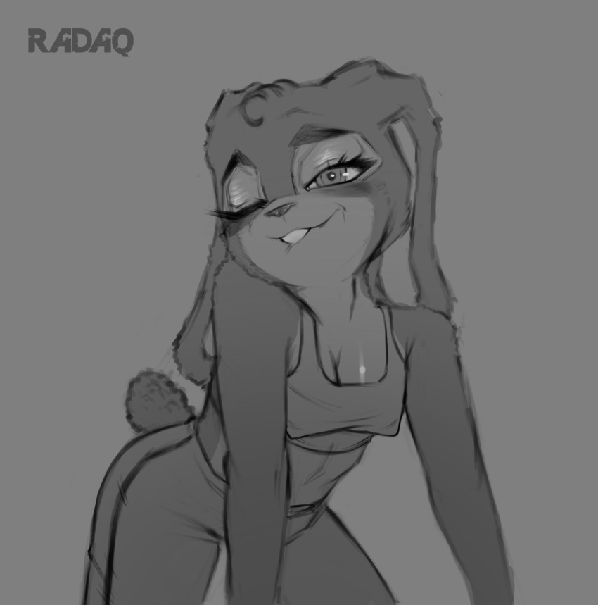 anthro clothing disney female hi_res judy_hopps lagomorph leporid mammal monochrome rabbit radaq shirt solo tank_top topwear winking_at_viewer zootopia