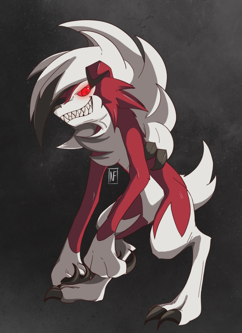 ambiguous_gender annoyingmeviestan anthro black_claws black_nose canid canine chest_tuft claws fur glowing glowing_eyes hair hi_res lycanroc mammal markings midnight_lycanroc nintendo pok&eacute;mon pok&eacute;mon_(species) red_body red_eyes red_fur red_sclera sharp_teeth smile solo teeth toe_claws tuft video_games white_body white_fur white_hair white_markings