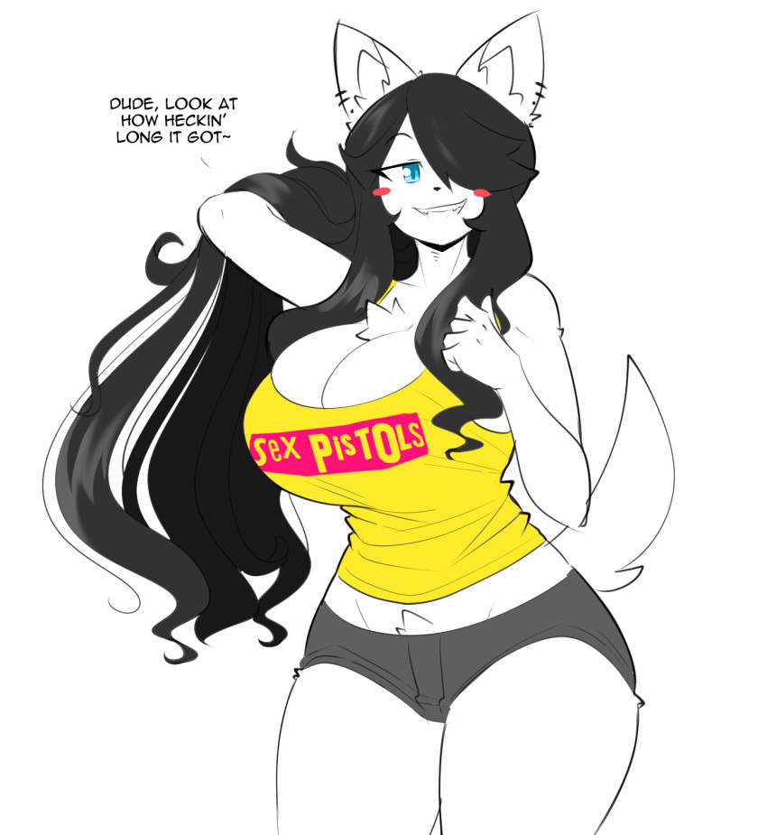 2020 5_fingers anthro big_breasts black_hair blue_eyes blush blush_stickers bottomwear breasts canid canine canis cleavage clothed clothing dialogue domestic_dog ear_piercing ear_ring english_text female fingers hair hair_over_eye hi_res huge_breasts inner_ear_fluff long_hair looking_at_viewer maggie_applebee mammal one_eye_obstructed piercing shirt shorts smile solo talking_to_viewer tank_top text text_on_clothing text_on_shirt text_on_topwear theycallhimcake topwear tuft