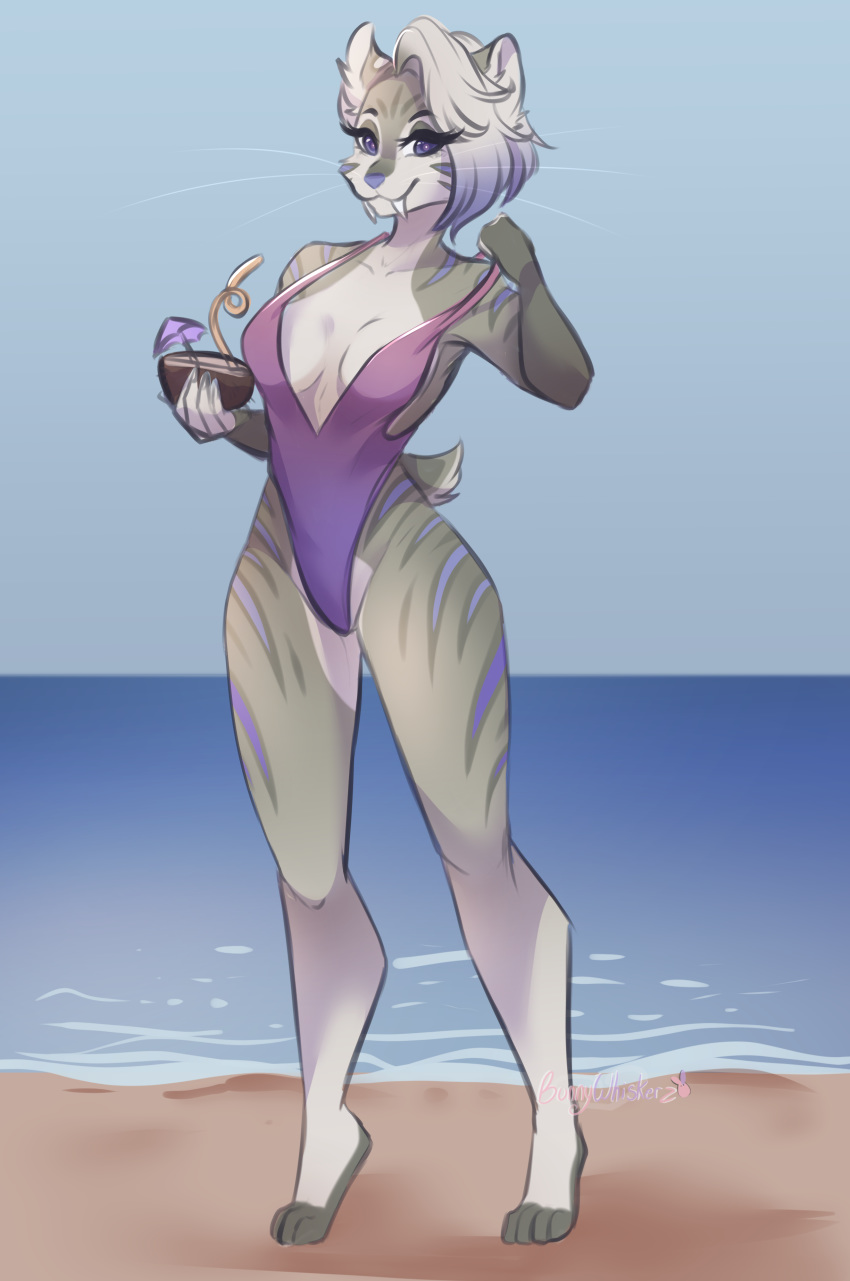 2020 absurd_res anthro beach breasts bunnywhiskerz cleavage clothed clothing coconut drupe_(fruit) felid female food fruit hi_res machairodontine mammal one-piece_swimsuit plant sand sea seaside smile solo straw summer swimwear water