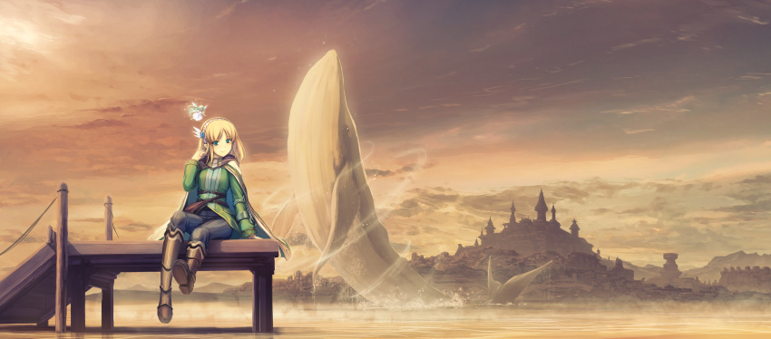 2girls absurdres adjusting_hair arm_support bangs belt_pouch black_pants blonde_hair boots breasts cape castle cloud cloudy_sky cover_image dawn elf fairy feathers green_eyes green_jacket hair_feathers hairband highres jacket keena_(leadale_no_daichi_nite) knee_boots landscape leadale_no_daichi_nite long_hair long_sleeves looking_at_viewer multiple_girls novel_illustration ocean official_art outdoors pants pier pointy_ears pouch shoe_soles sidelocks sitting sky smile tenmaso textless whale white_cape wide_shot