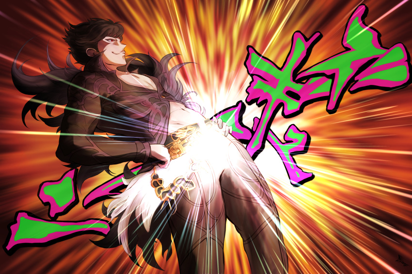 1boy abs belial_(granblue_fantasy) belt black_hair black_pants black_shirt collared_shirt cowboy_shot drizzwryyy feather_boa granblue_fantasy hands_on_hips highres hunter_x_hunter multicolored multicolored_background navel pants parody red_eyes shirt smirk solo