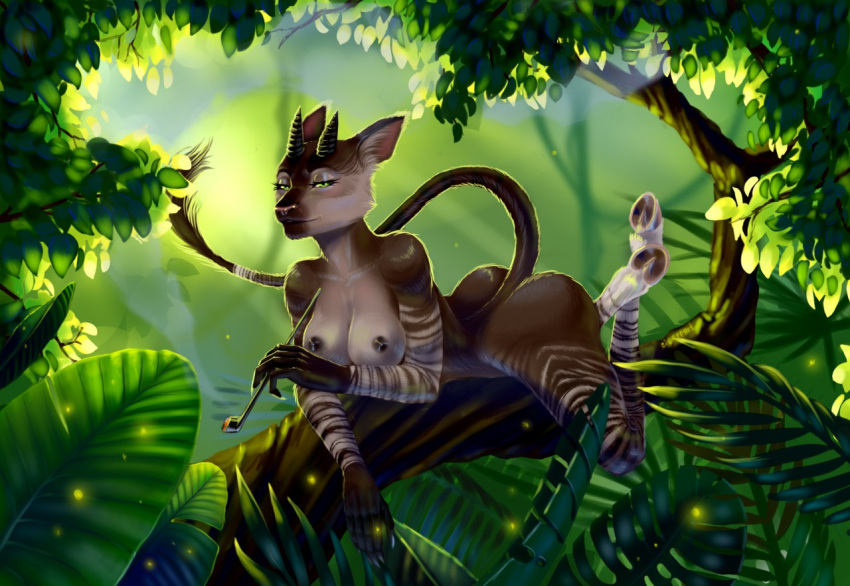 5_fingers anthro areola black_areola black_nipples breasts brown_body brown_fur butt dantewolfguy detailed_background female fingers fur green_eyes holding_object holding_pipe hooves horn inner_ear_fluff leaf light long_tail lying multicolored_body multicolored_fur nipples nude on_front plant raised_leg side_view smile smoking smoking_pipe snout solo sunlight tree tree_branch tuft white_body white_fur