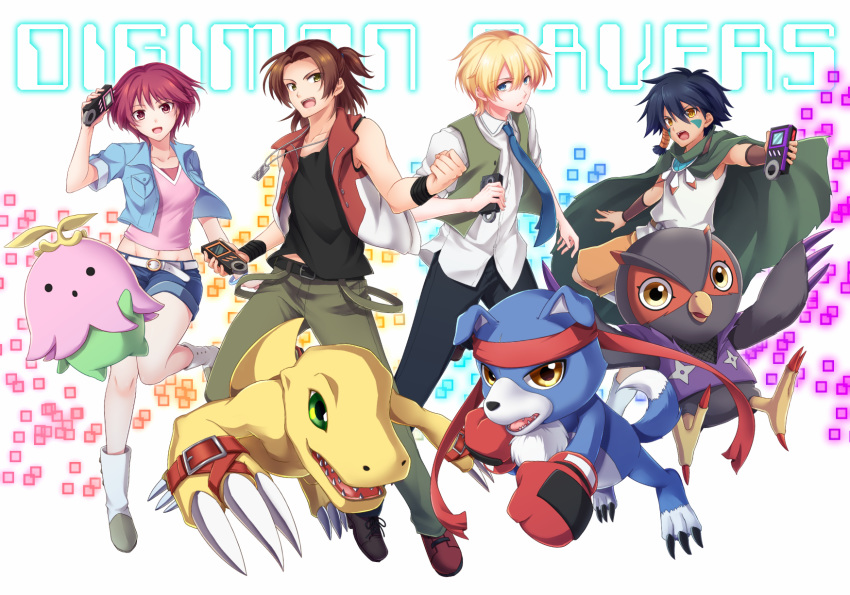 1girl 3boys :d agumon aoinu_(shuumatsugeki) bangs bare_shoulders belt black_belt black_footwear black_shirt blonde_hair blue_eyes blue_hair blue_neckwear blue_shirt boots breasts brown_eyes brown_hair brown_shorts cape collarbone collared_shirt commentary copyright_name daimon_masaru denim denim_shorts digimon digimon_savers digivice dog_tags eyebrows_visible_through_hair facial_mark falcomon fujieda_yoshino full_body gaomon green_cape green_pants green_vest groin group_picture hand_up highres holding jeans knee_boots lalamon looking_at_viewer medium_breasts midriff_peek multiple_boys navel necktie noguchi_ikuto open_clothes open_mouth open_shirt open_vest pants parted_bangs pink_eyes pink_hair pink_tank_top red_footwear red_vest shirt shoes short_hair short_ponytail short_shorts short_sleeves shorts sidelocks simple_background sleeveless sleeveless_shirt smile tank_top touma_h._norstein upper_teeth vest white_background white_belt white_footwear white_legwear wristband yellow_eyes