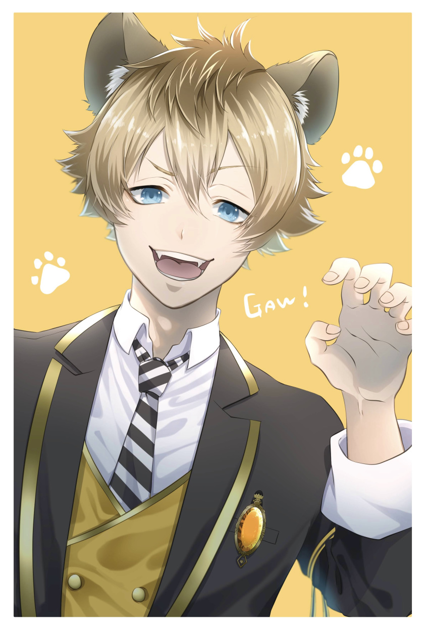 1boy absurdres animal_ears bangs blazer blonde_hair blue_eyes border brown_hair buttons claw_pose collared_shirt commentary diagonal-striped_neckwear diagonal_stripes face fangs gem hair_between_eyes hand_up highres hyena_boy hyena_ears jacket kinaco_4738 long_sleeves looking_at_viewer male_focus necktie open_mouth orange_background paw_print ruggie_bucchi shirt smile solo striped striped_neckwear teeth twisted_wonderland upper_body vest white_border