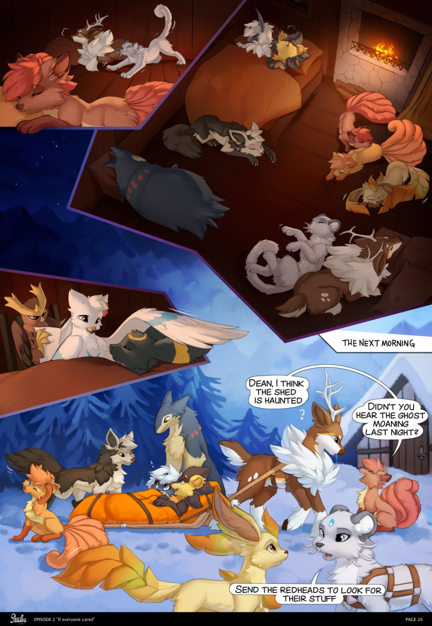 2020 9tales_comic ? absol alolan_persian avian backsack balls bed_sheet bedding bird blue_eyes breanna_(9tales) brown_body brown_eyes brown_fur cabin canid cervid chief_(9tales) comic dean_(9tales) detailed_background dialogue digital_media_(artwork) digitigrade eeveelution english_text erin_(9tales) fallie_(9tales) fangs felicity_(9tales) felid feline female feral fireplace fluffy fur genitals glacie_(9tales) green_eyes group hi_res hioshiru hooves horn inside interior kalani_(9tales) kejifox leafeon lumen_(9tales) luxray lying male mammal mightyena morning night nintendo noctowl on_back outside pawpads pex_(9tales) pillow pok&eacute;mon pok&eacute;mon_(species) quadruped red_eyes regional_form_(pok&eacute;mon) sammy_(9tales) sawsbuck sleeping snow speech_bubble star text typhlosion umbreon video_games vulpix white_body white_fur wingull winter_sawsbuck yellow_sclera