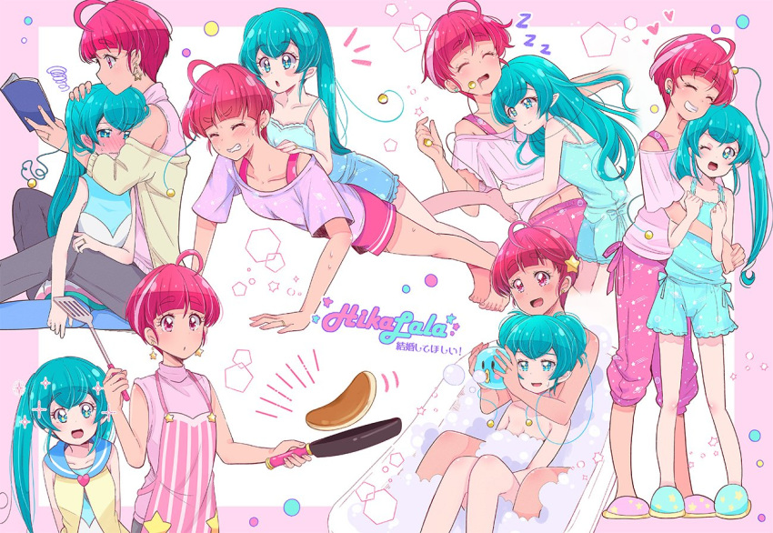 2girls :d :o ;d ^_^ ^o^ ahoge antennae apron aqua_eyes aqua_hair bangs bath bathing bathtub blouse blunt_bangs blush book border bra_strap character_name clenched_teeth closed_eyes collarbone commentary cooking couple double_bun drooling earrings embarrassed exercise eyebrows_visible_through_hair flipping_food food frying_pan full-face_blush grin hagoromo_lala hair_down hair_ornament hair_up heart height_difference holding holding_book holding_frying_pan hoshina_hikaru hug jewelry juugoya_neko lying_on_person midriff_peek multicolored_hair multiple_girls multiple_views navel off_shoulder older one_eye_closed open_book open_mouth pajamas pancake pants pink_border pink_eyes pink_hair pointy_ears precure push-ups reading ring sailor_collar shared_bathing shirt sitting sleeping sleeveless sleeveless_shirt slippers smile soap_bubbles sparkle spoken_heart spoken_zzz star_(symbol) star_earrings star_hair_ornament star_in_eye star_twinkle_precure streaked_hair sweat sweatdrop symbol_in_eye teeth training translated turtleneck twintails wavy_mouth wedding_ring wife_and_wife yuri zzz