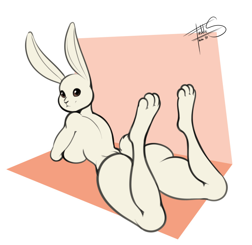 2020 anthro beastars breasts butt digital_media_(artwork) domestic_rabbit dwarf_rabbit female freckles_(artist) haru_(beastars) hi_res lagomorph leporid looking_at_viewer looking_back lying mammal on_front oryctolagus rabbit side_boob signature simple_background smile solo