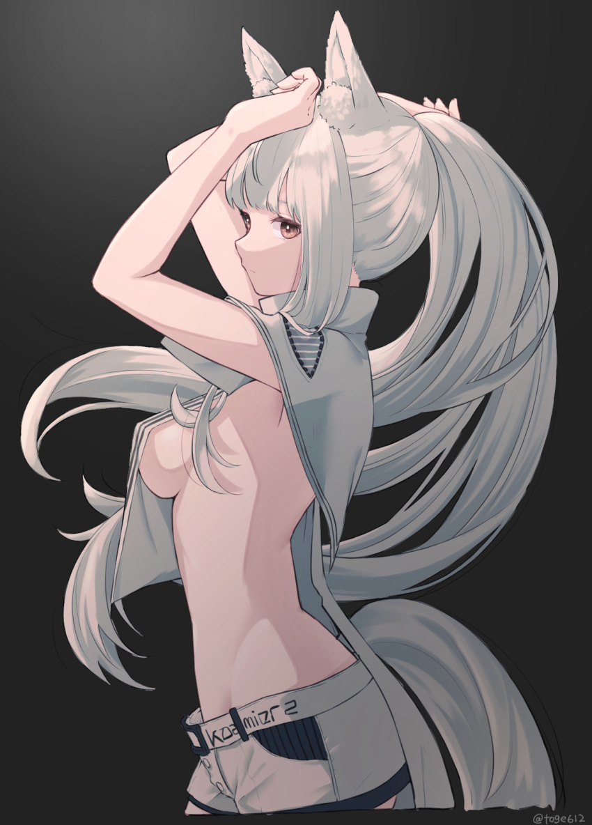 1girl amopui animal_ear_fluff animal_ears arknights bangs belt breasts capelet hands_up highres horse_ears horse_tail long_hair looking_at_viewer platinum_(arknights) short_shorts shorts sideboob sidelocks solo tail very_long_hair white_hair white_shorts