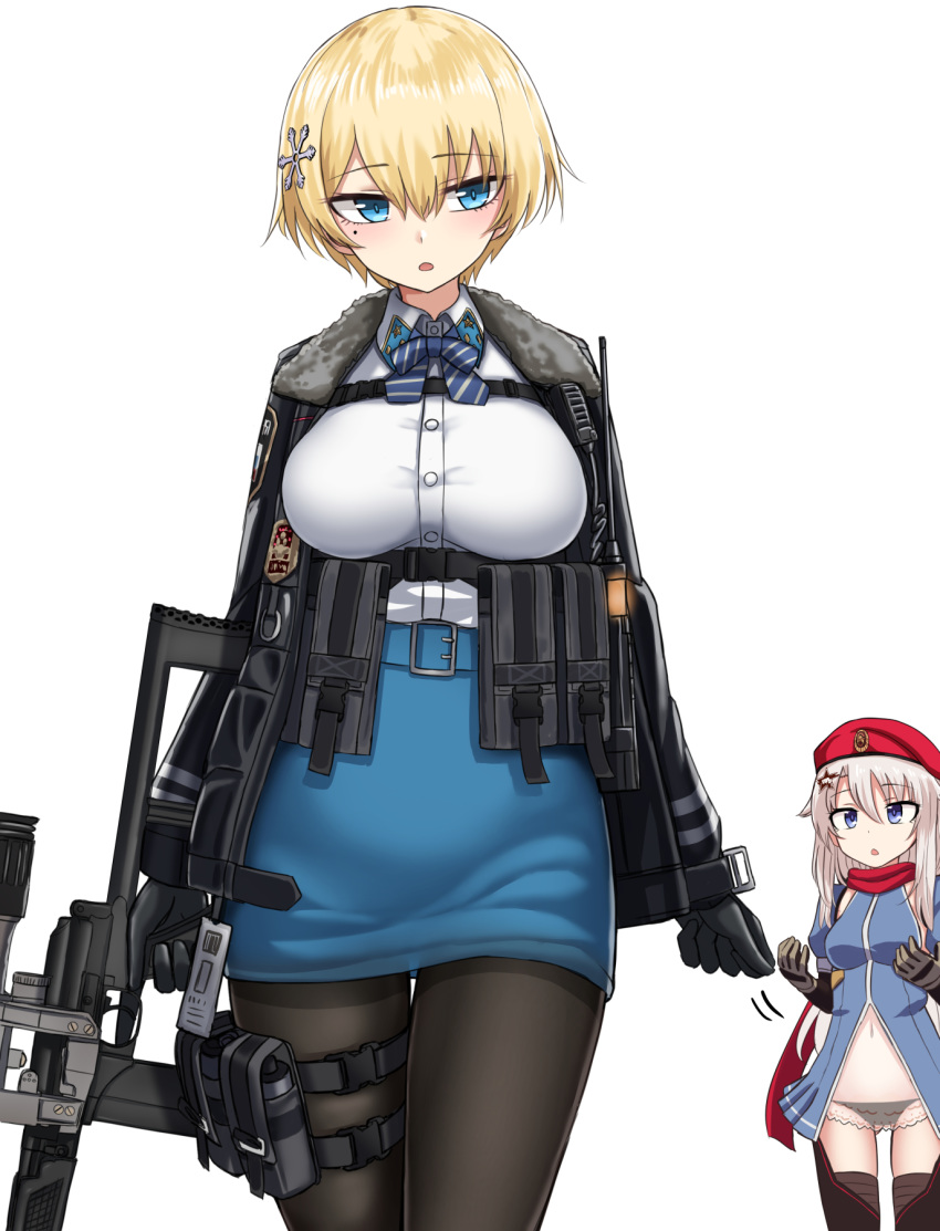 2girls 9a-91_(girls_frontline) assault_rifle belt beret black_gloves black_jacket black_legwear black_panties blonde_hair blue_belt blue_dress blue_eyes blue_skirt blush breasts brown_gloves dress girls_frontline gloves gun hair_ornament hat highres jacket long_hair low_twintails magazine_(weapon) mole mole_under_eye multiple_girls navel panties pantyhose rabochicken red_headwear red_neckwear red_scarf rifle scarf see-through shirt_tucked_in short_hair silver_hair skirt snap-fit_buckle snowflake_hair_ornament star_(symbol) star_hair_ornament taut_skirt twintails underwear vsk-94 vsk-94_(girls_frontline) weapon