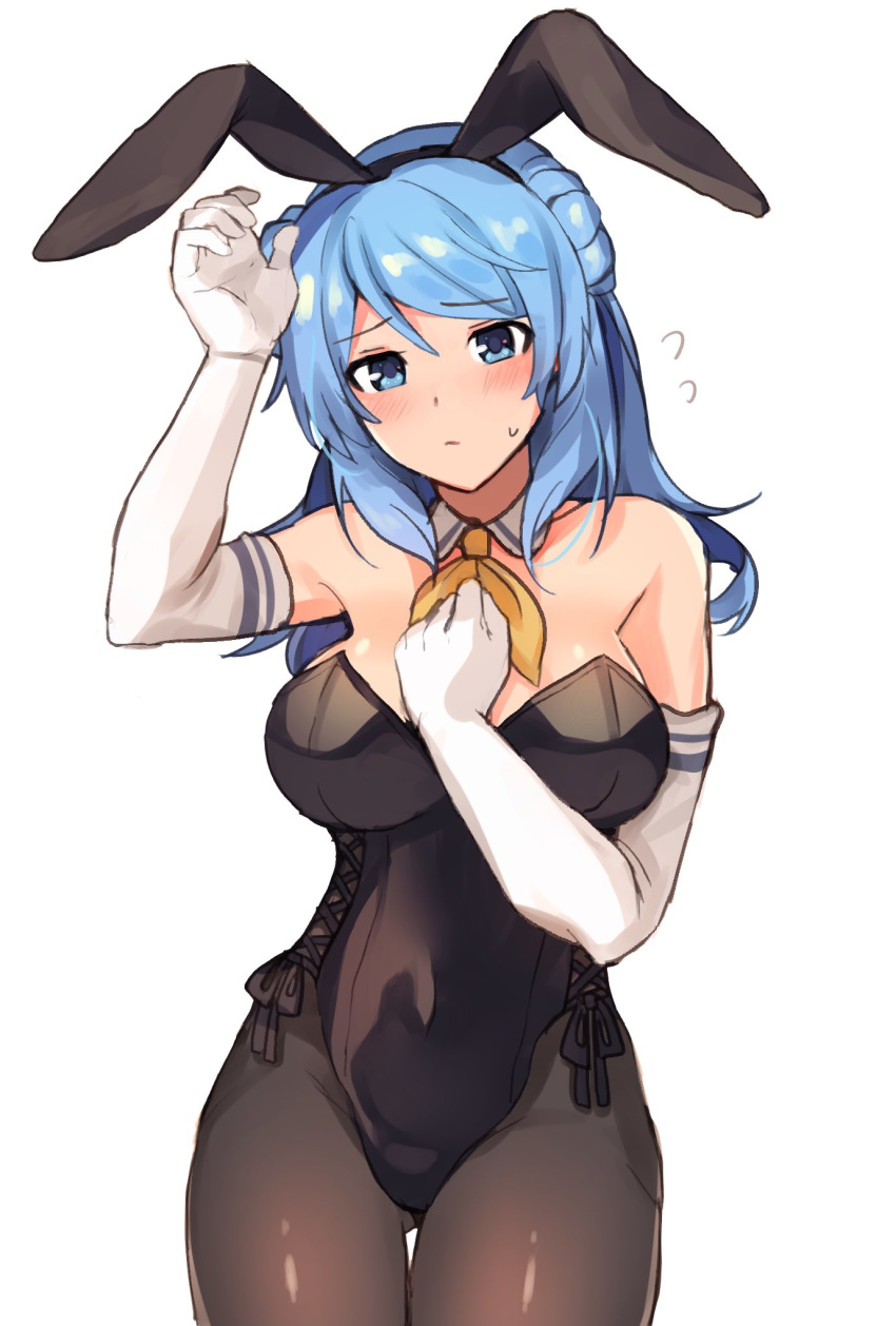 1girl animal_ears between_breasts black_legwear black_leotard blue_eyes blue_hair blush breasts bunny_ears bunnysuit cowboy_shot detached_collar double_bun elbow_gloves fake_animal_ears gloves hat highres kantai_collection large_breasts leotard looking_at_viewer neckerchief pantyhose sailor_hat senbei_(senbe_i) simple_background solo strapless strapless_leotard sweatdrop thigh_gap urakaze_(kantai_collection) white_background white_gloves yellow_neckwear