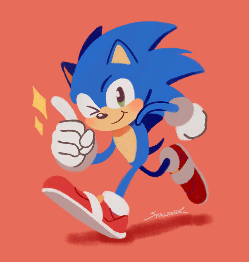 2019 anthro biped blue_body blue_fur clothing eulipotyphlan footwear fur gesture gloves green_eyes handwear hedgehog male mammal one_eye_closed orange_background running shoes simple_background smallpanda smile solo sonic_the_hedgehog sonic_the_hedgehog_(film) sonic_the_hedgehog_(series) tan_body tan_fur wink