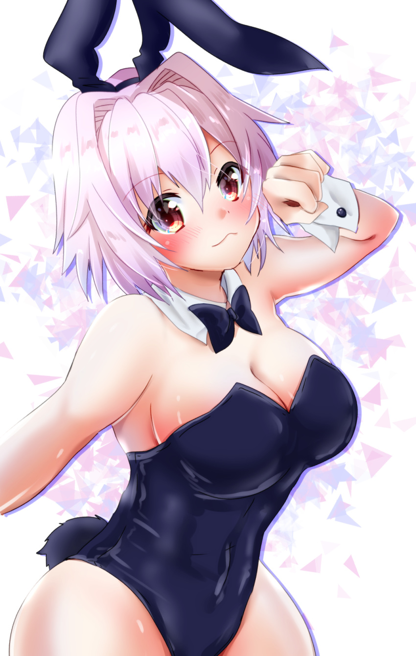 1girl :3 alternate_costume animal_ears black_leotard black_neckwear bow bowtie breasts bunny_ears bunny_girl bunny_tail bunnysuit cleavage commentary_request cowboy_shot detached_collar highres kantai_collection leotard medium_breasts paw_pose pink_hair red_eyes short_hair solo strapless strapless_leotard tail tama_(kantai_collection) white_background wrist_cuffs yukiomi_kizuki