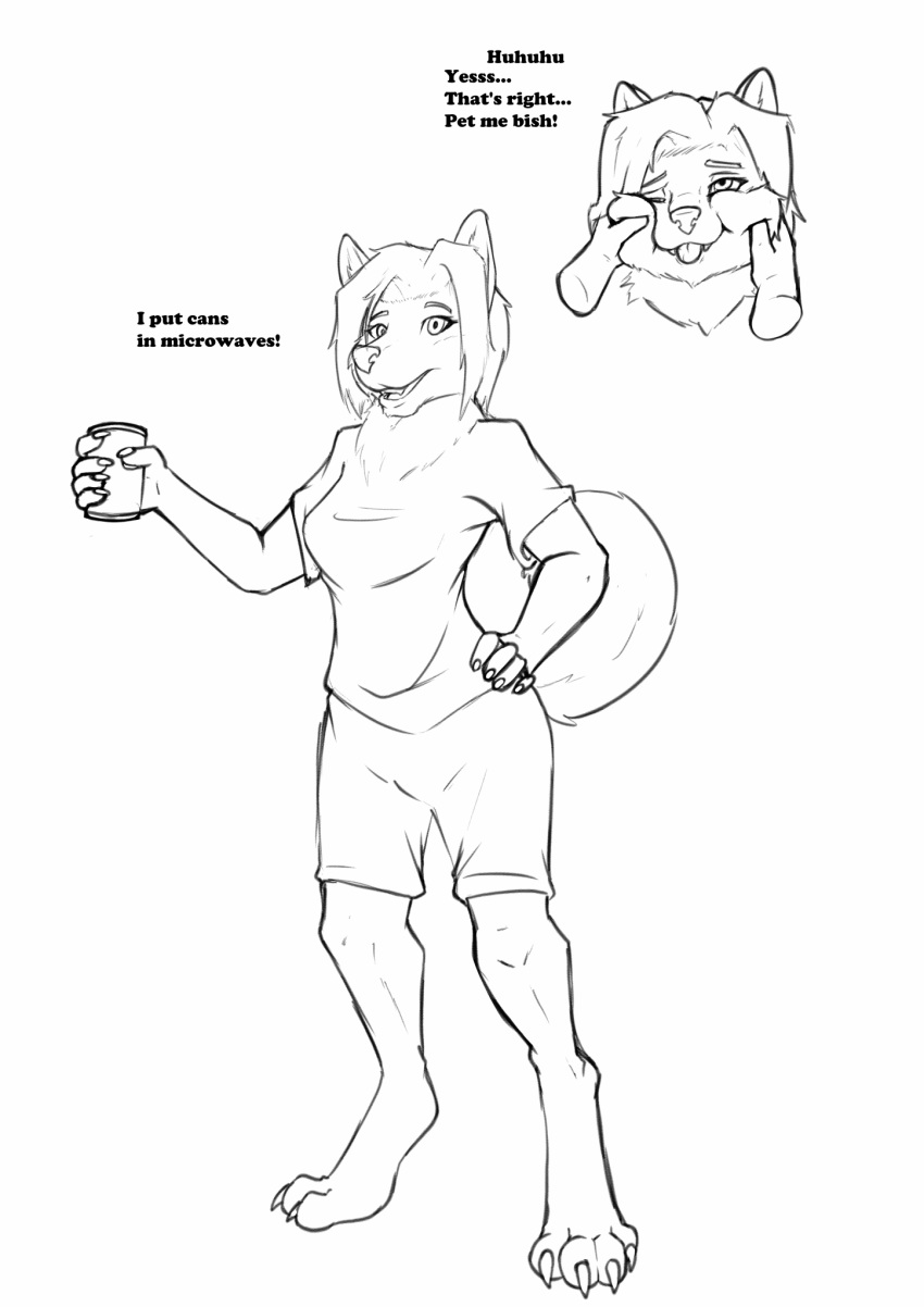 2019 anthro beverage beverage_can biobasher canid canine canis clothed clothing dialogue domestic_dog english_text female fur hair herding_dog hi_res holding_object looking_at_viewer mammal monochrome pastoral_dog pinching_cheeks simple_background solo text topwear welsh_corgi